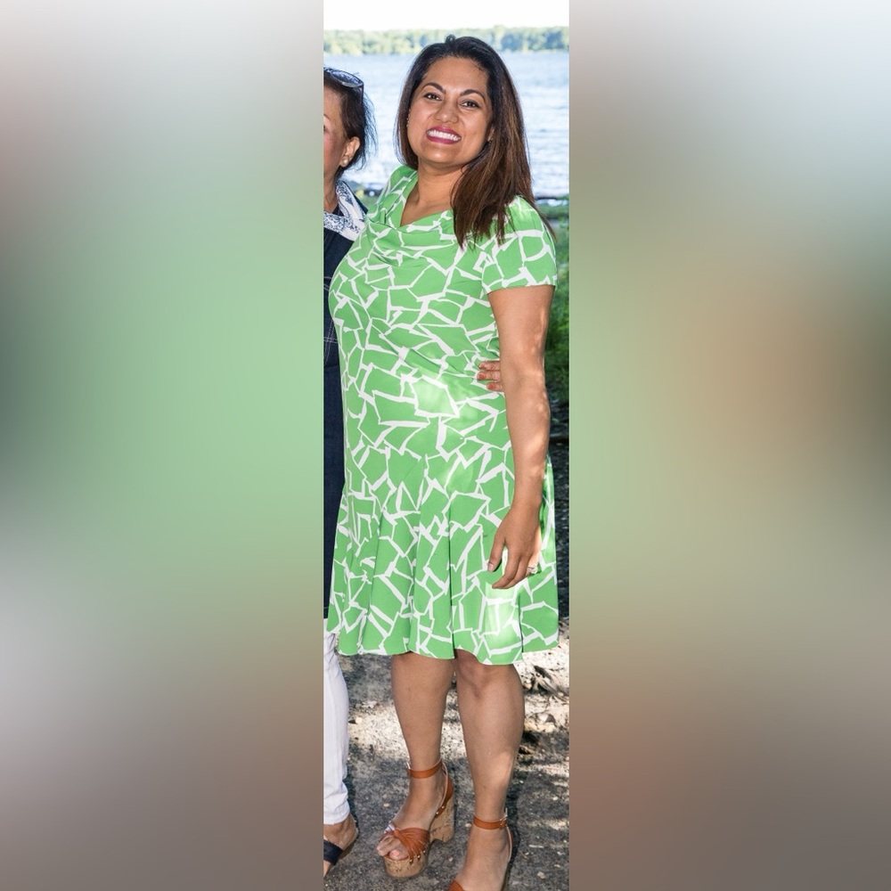 Green and White Patterned cowl neck drop waist flair Dress